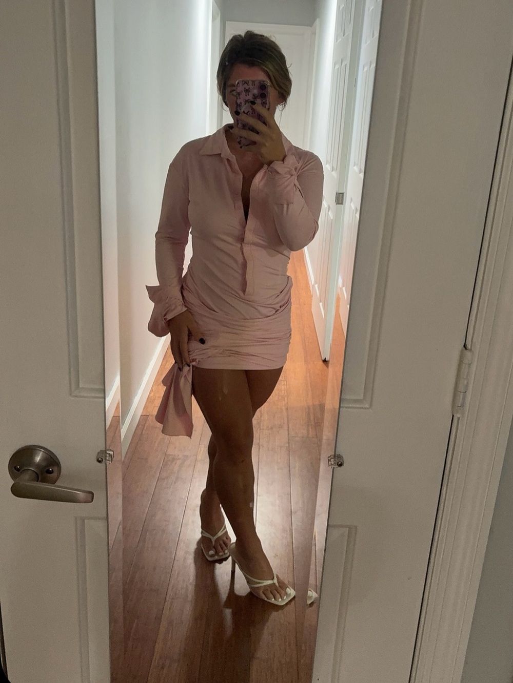 Lioness Light Pink Ruched Mini Shirt Dress